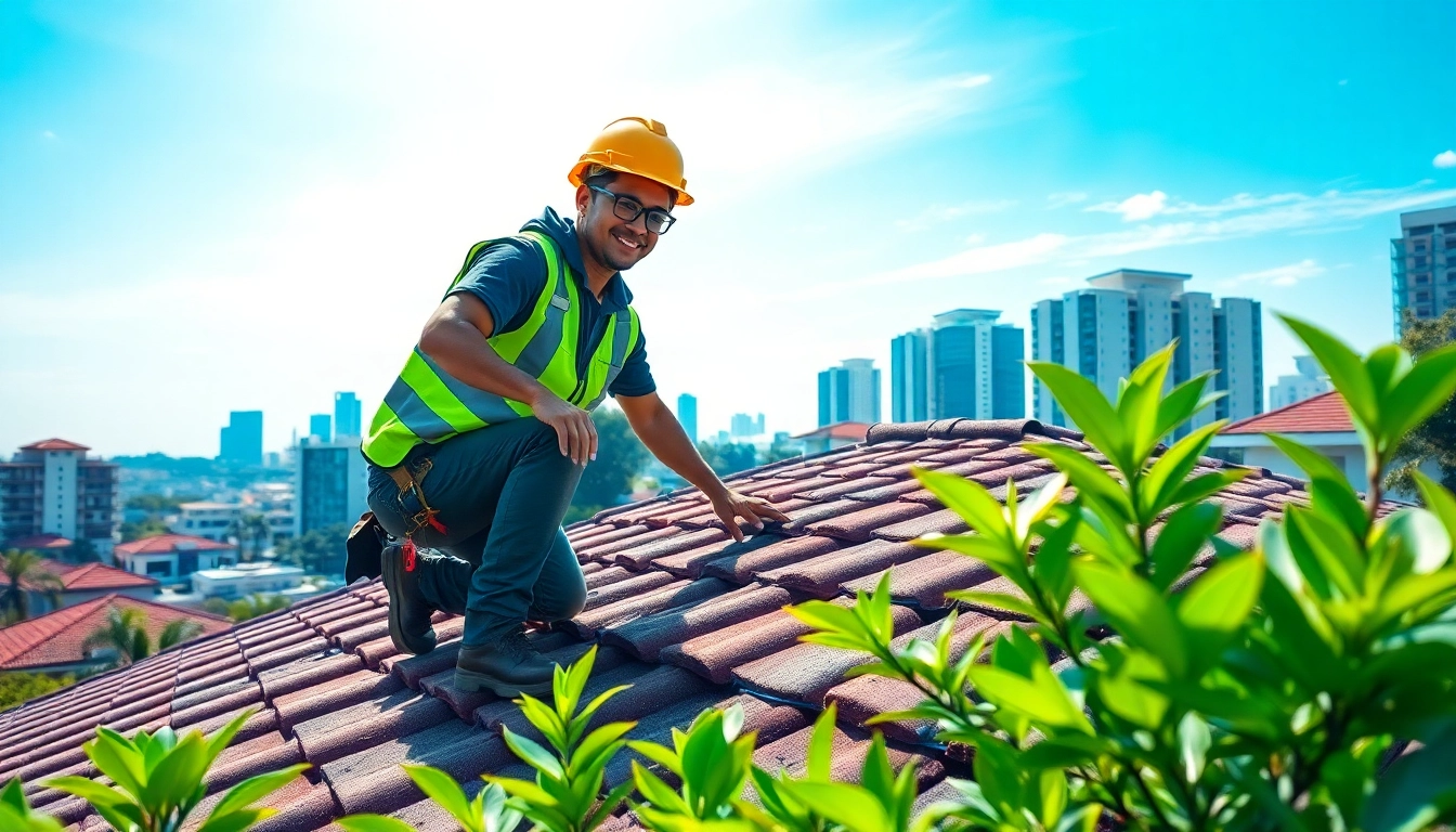 Roofer demonstrating expertise in Roofing Singapore while working on a residential rooftop.