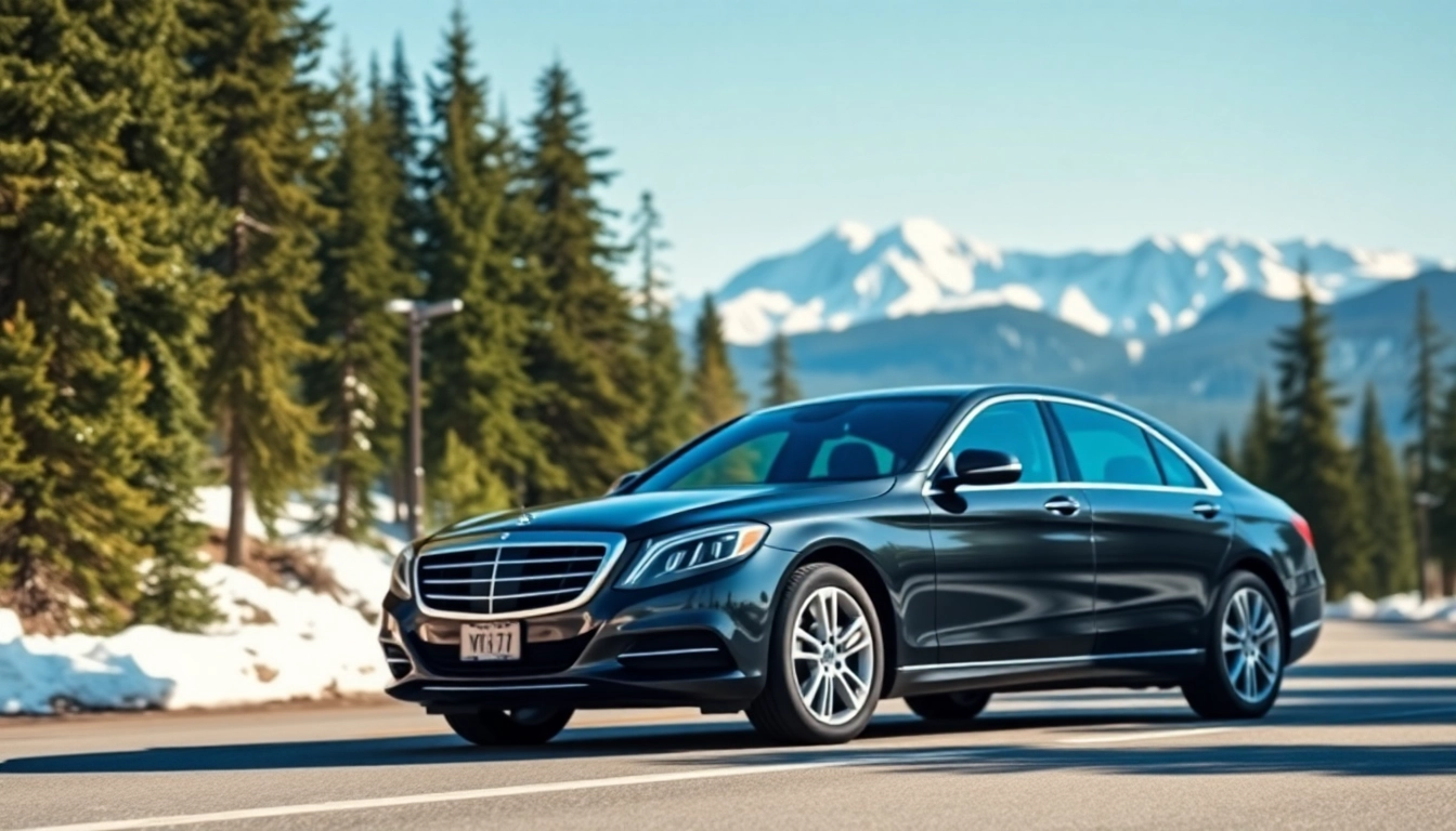 YVR to Whistler car service featuring a luxury sedan in a scenic mountain landscape.
