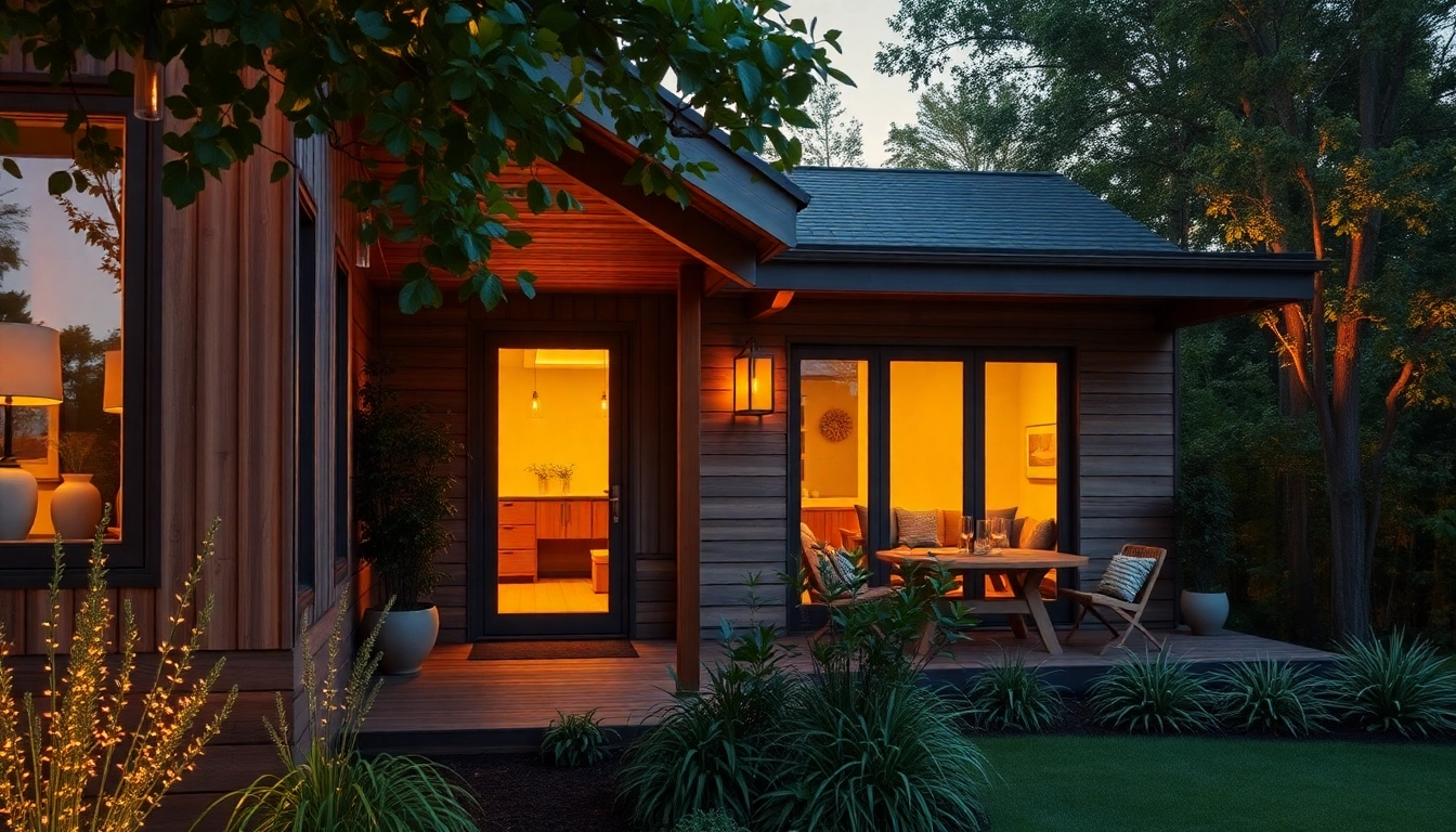 Showcasing sip house projects with a modern design and inviting garden ambiance during sunset.