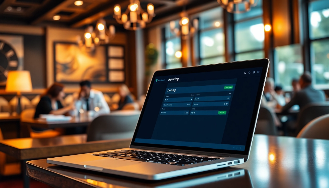 Streamlined Reservation Services interface shown in a lively restaurant setting highlighting user-friendly features.