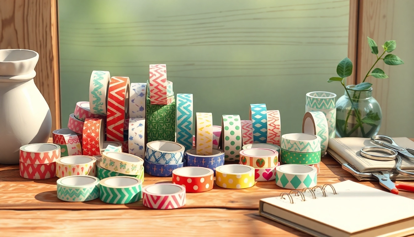 Display colorful washi tape rolls artistically arranged on a rustic table.