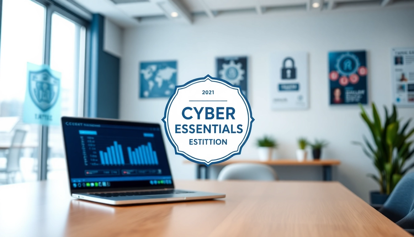 Showcase of Cyber Essentials Certification in a modern office workspace with a laptop and security elements.