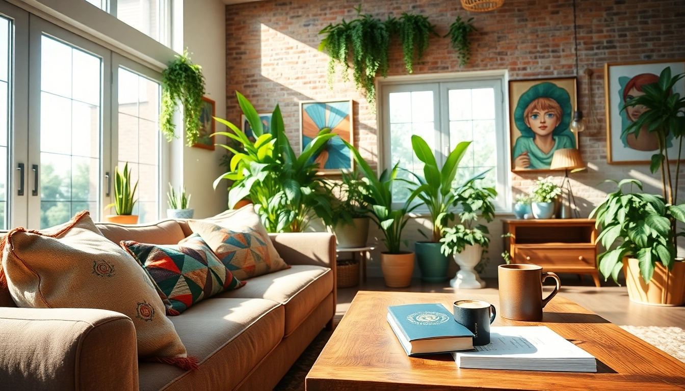 Experience Creative living in a vibrant, cozy space filled with artsy decor and greenery.