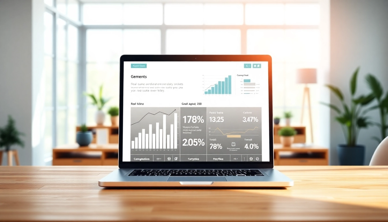 Engaging real estate blog display on a modern office desk highlighting market insights.