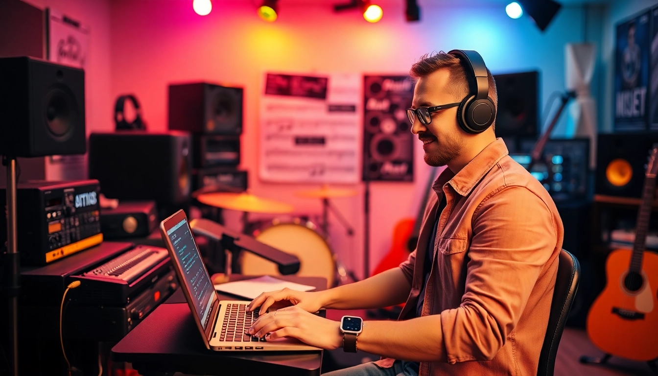 Engaging scene of music pitching showcasing a musician in a colorful studio.