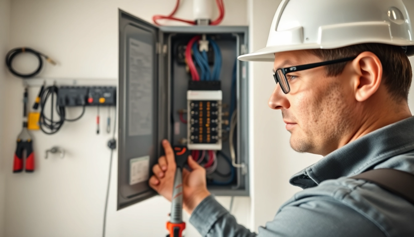 Electrician performing an Electrical Panel Upgrade with modern tools and equipment in a bright room.