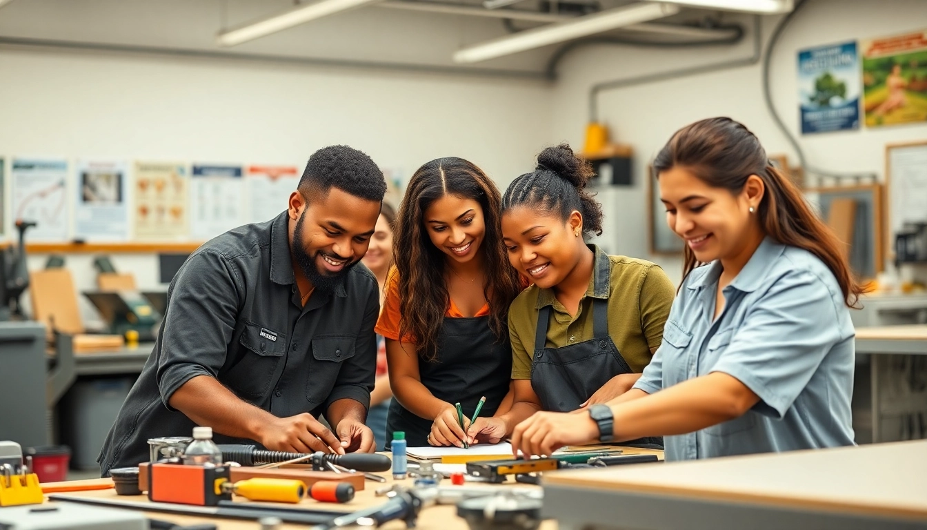 Students collaborating in a hands-on activity at hawaii trade schools, showcasing diversity and enthusiasm.