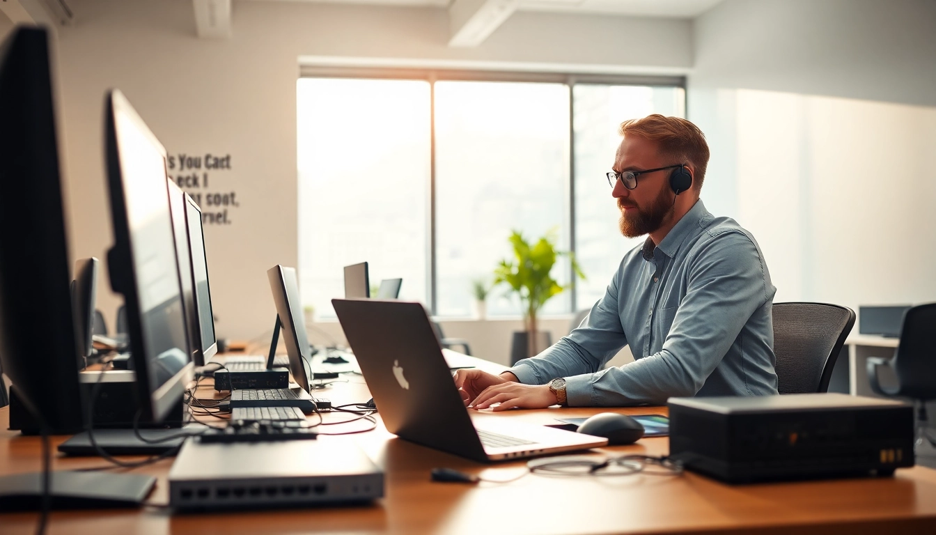 Enhance IT support service by showcasing a technician assisting clients in a modern office environment.