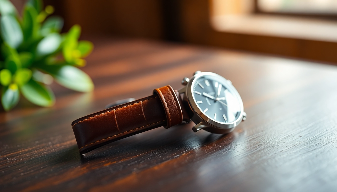 Stylish leather watch strap enhancing a luxury watch on a wooden surface.