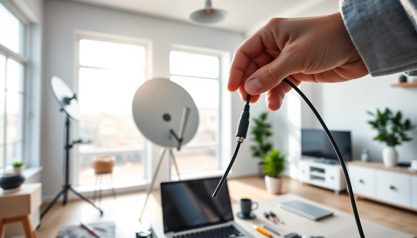 Connect the starlink mini 12v cable in a modern office setting, showcasing productivity and technology.