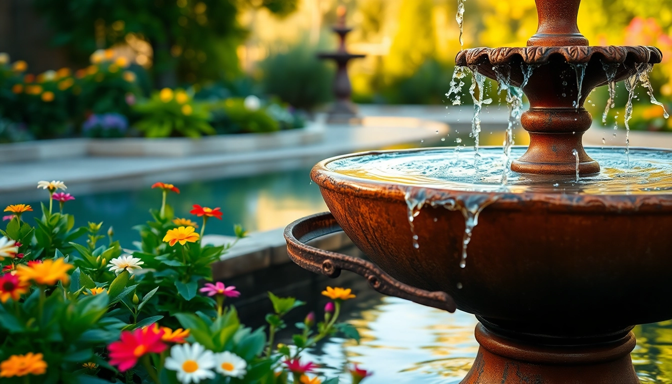 Schöner cortenstahl brunnen im Garten, umgeben von bunten Blumen und rustikalem Grün.