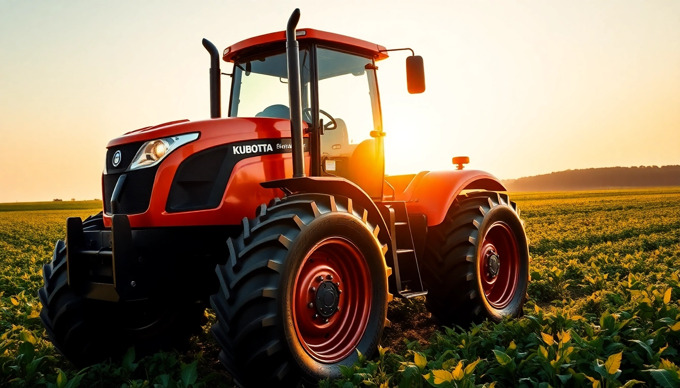 Kuboata-Traktor in einem grünen Feld mit Sonnenlicht, das seine robusten Eigenschaften betont.