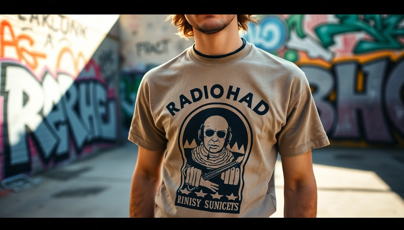 Person showcasing a unique Radiohead shirt in an urban environment, highlighting its vintage style.