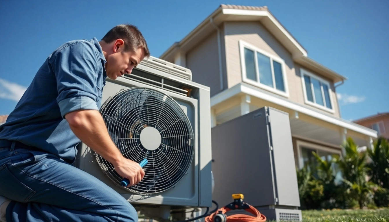 Technician performing ac repair phoenix az in a residential setting with tools and bright natural lighting.