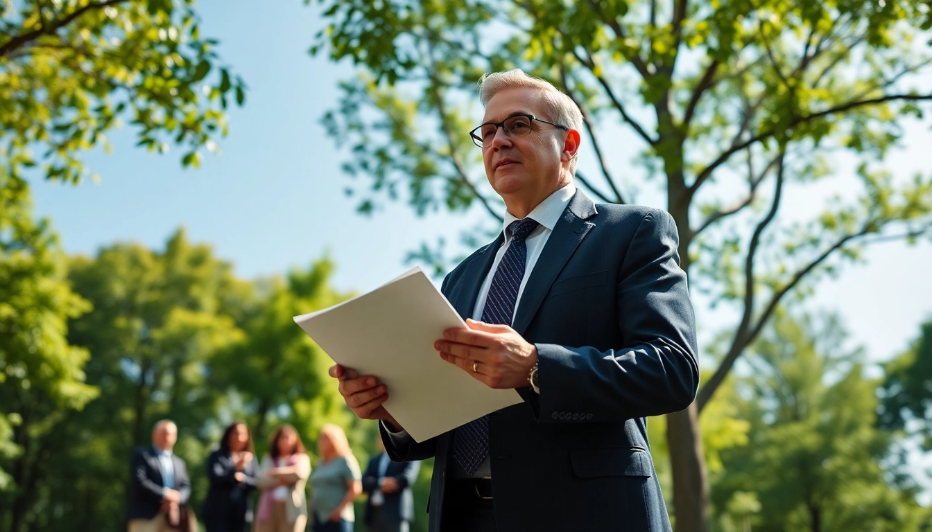 Environmental lawyer advocating for nature conservation in a serene outdoor setting.