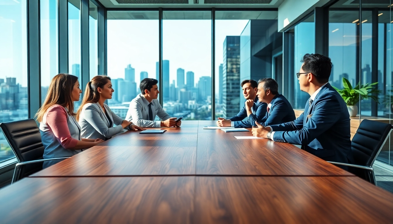Collaborative business professionals discussing suppliers in a modern office setting.
