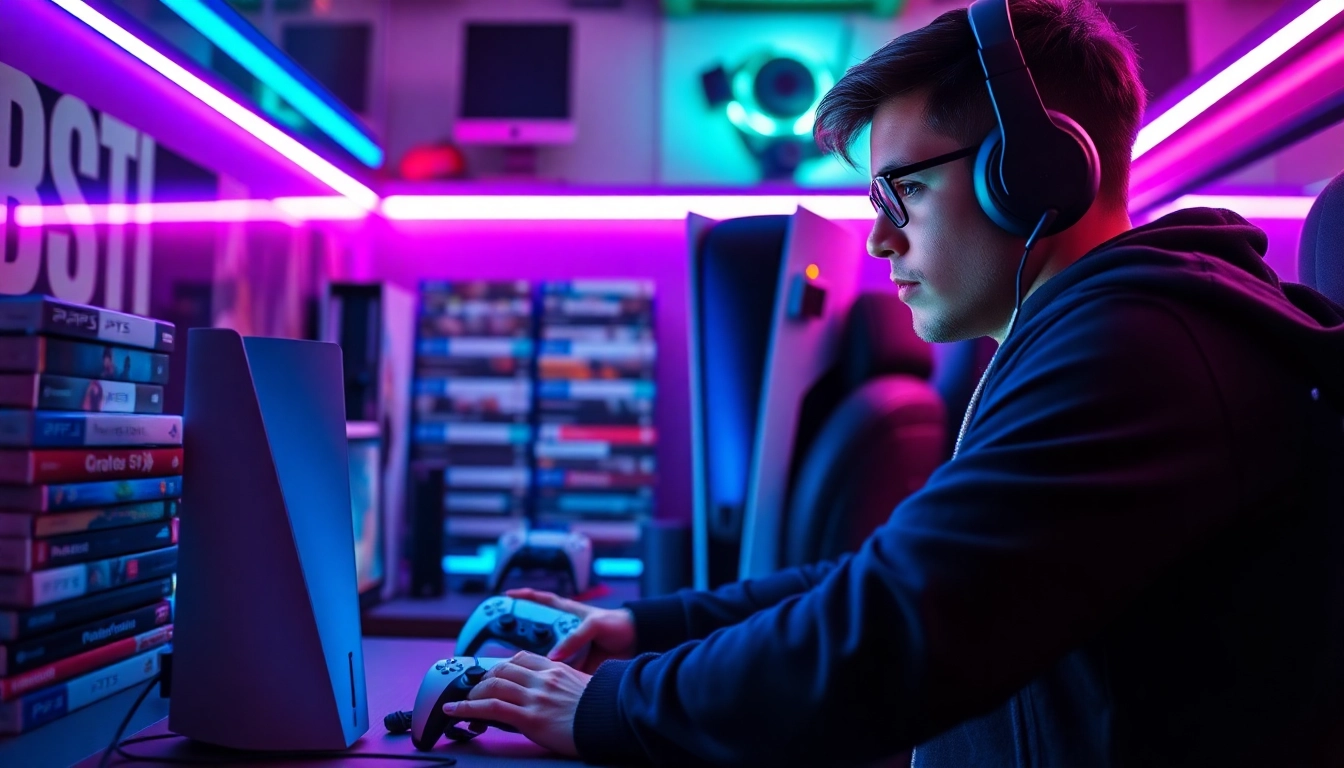 Engaging scene of a gamer playing PS5 games in a vibrant gaming setup with illuminated decor.