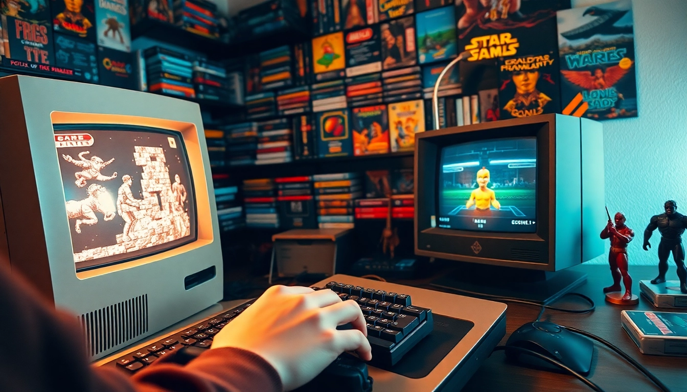 Play DOS games online in a retro gaming setup featuring vintage memorabilia.