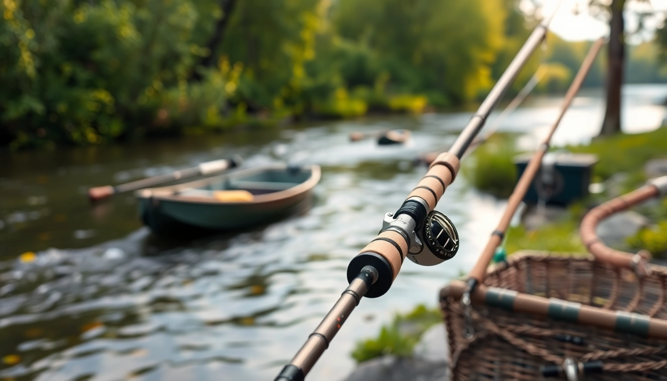 Showcasing the best fly fishing rods against a tranquil riverside, highlighting detailed craftsmanship.