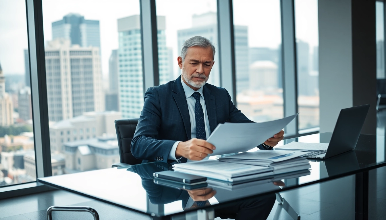 Purchasing consultant analyzing documents in a modern office with urban views.