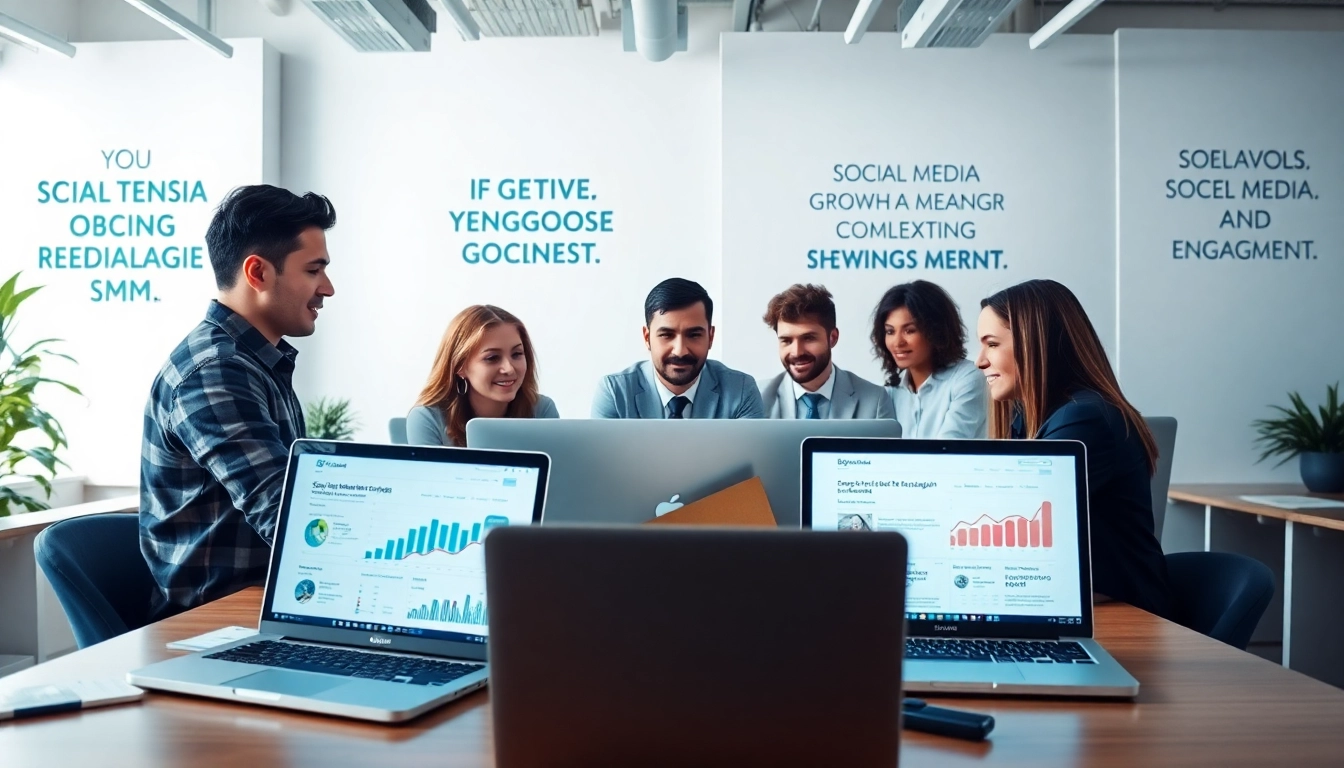 Showcasing SMM services, a team collaborates in a bright, modern office.