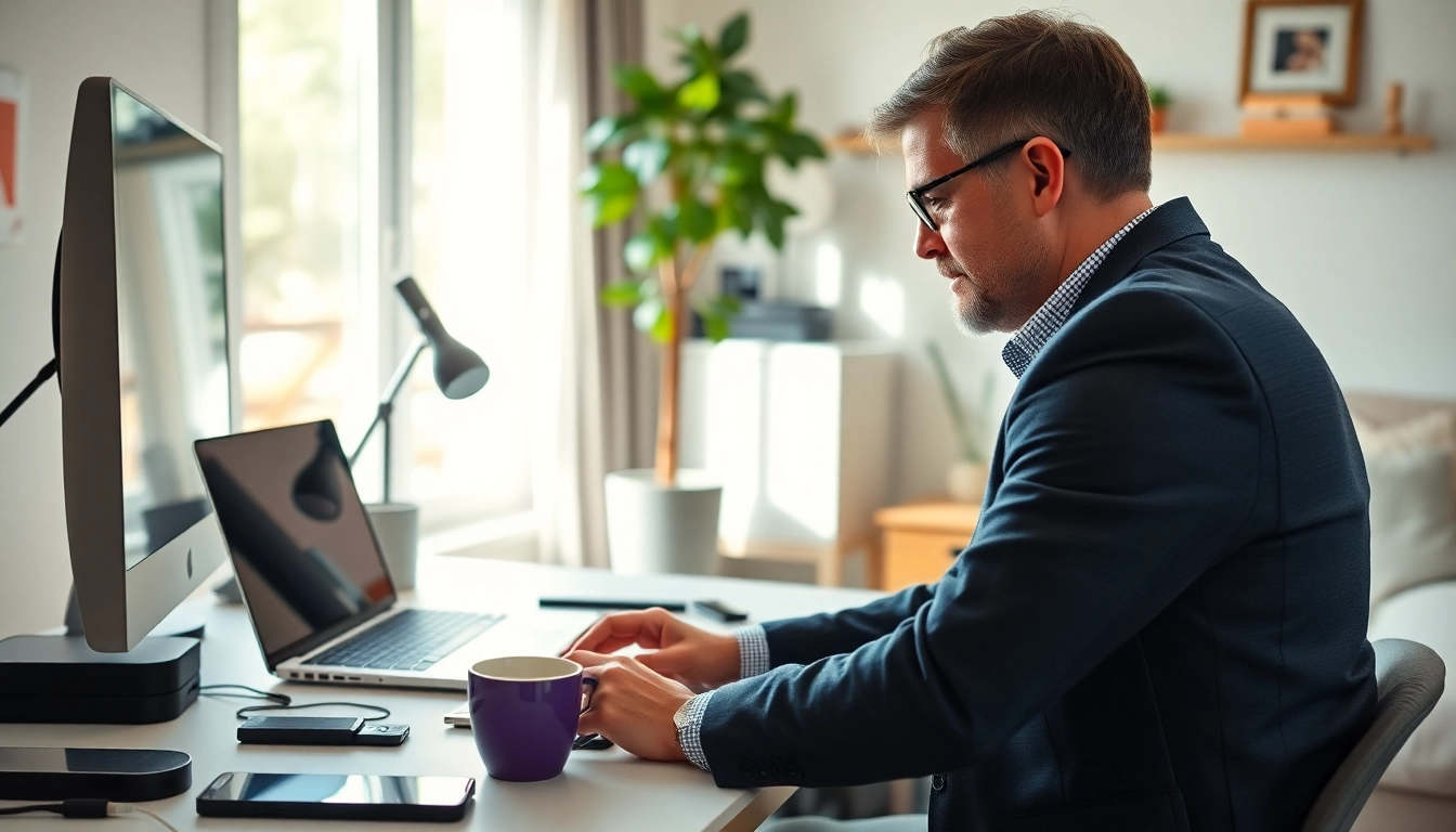 Get professional computer help near me with a technician assisting a client in a warm home office.