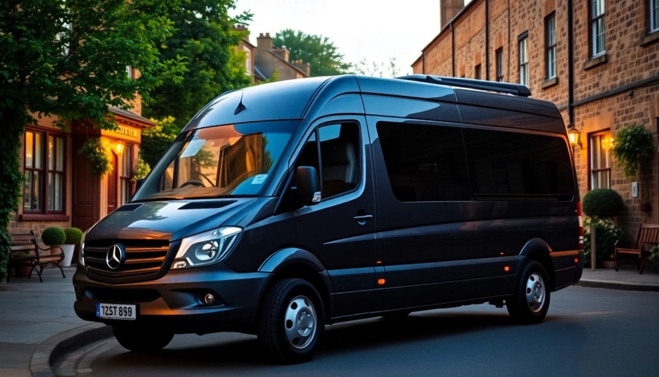 Airport transfers Hebden Bridge featuring a professional minibus parked in a scenic neighborhood.