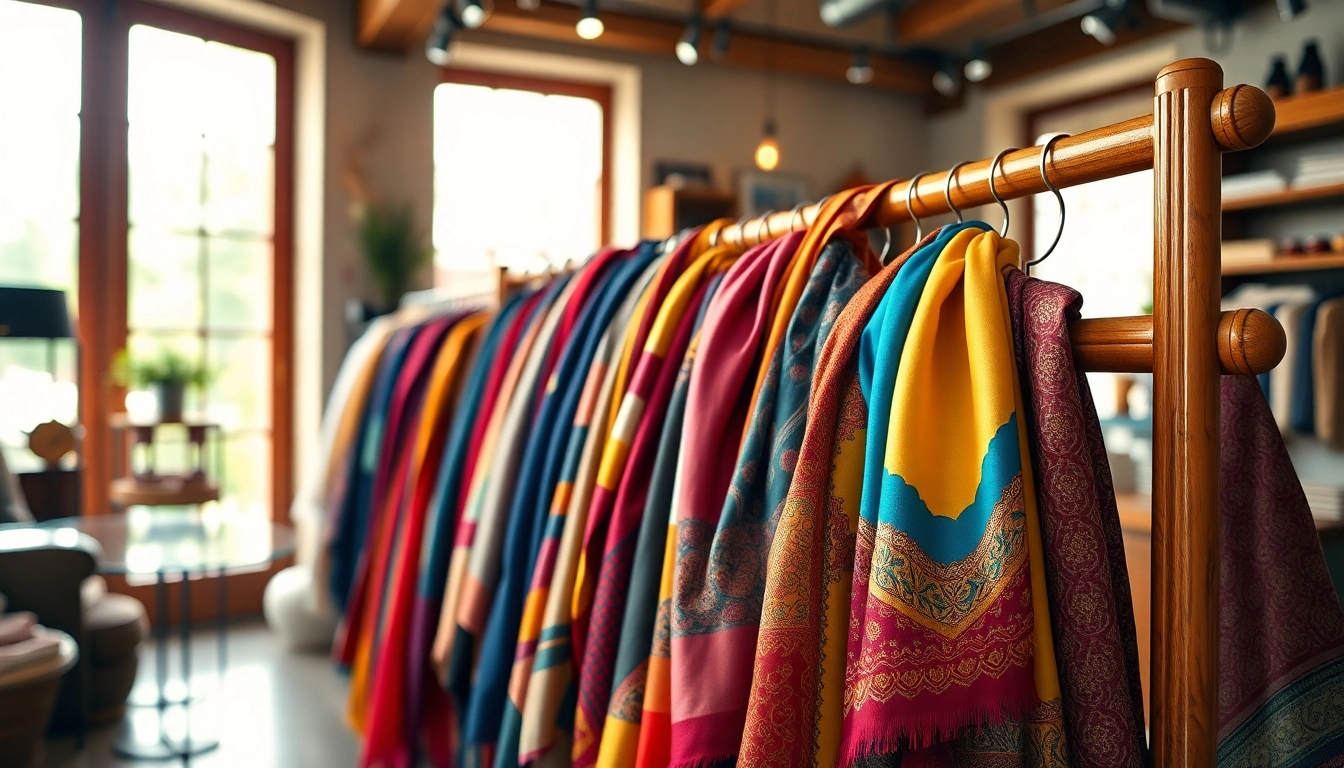 Stylish scarves beautifully displayed on a wooden rack in a cozy boutique.