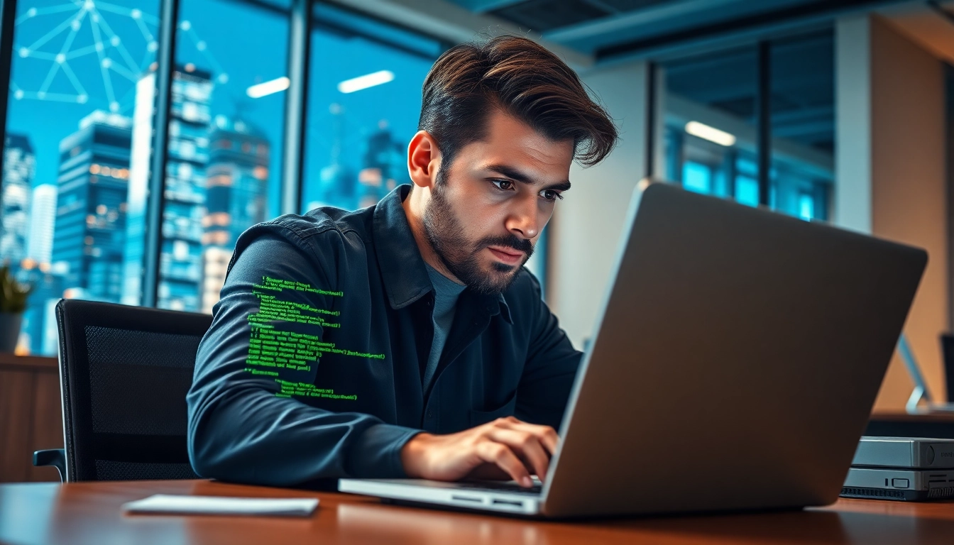 Effizientes Pentesting durch einen Experten in einem modernen Büro mit Laptop und Netzwerkanalyse.