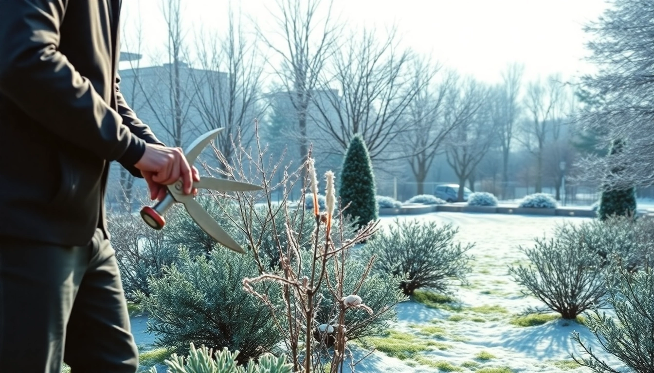 Het snoeiseizoen benadrukt een tuinman die met zorg de planten snoeit.