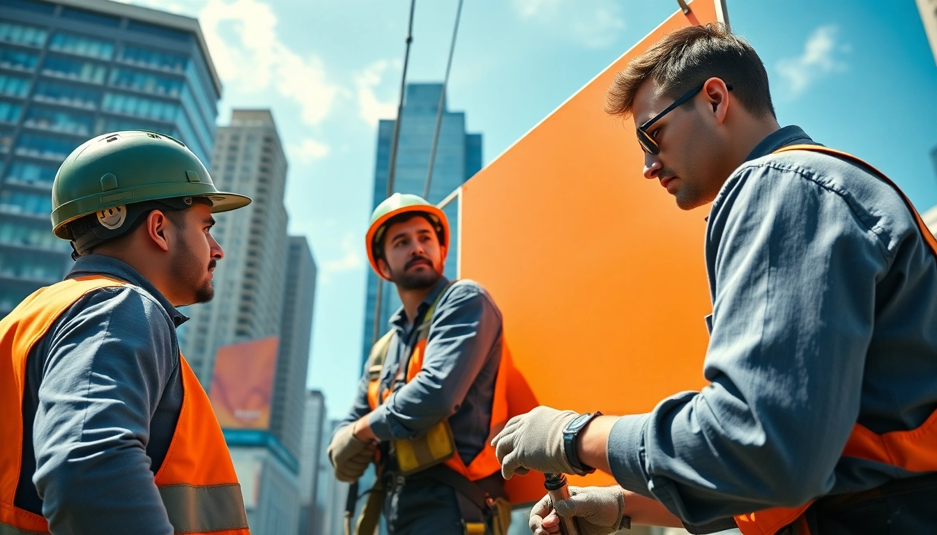 Team performing sign installation on a large outdoor advertising sign in an urban setting.