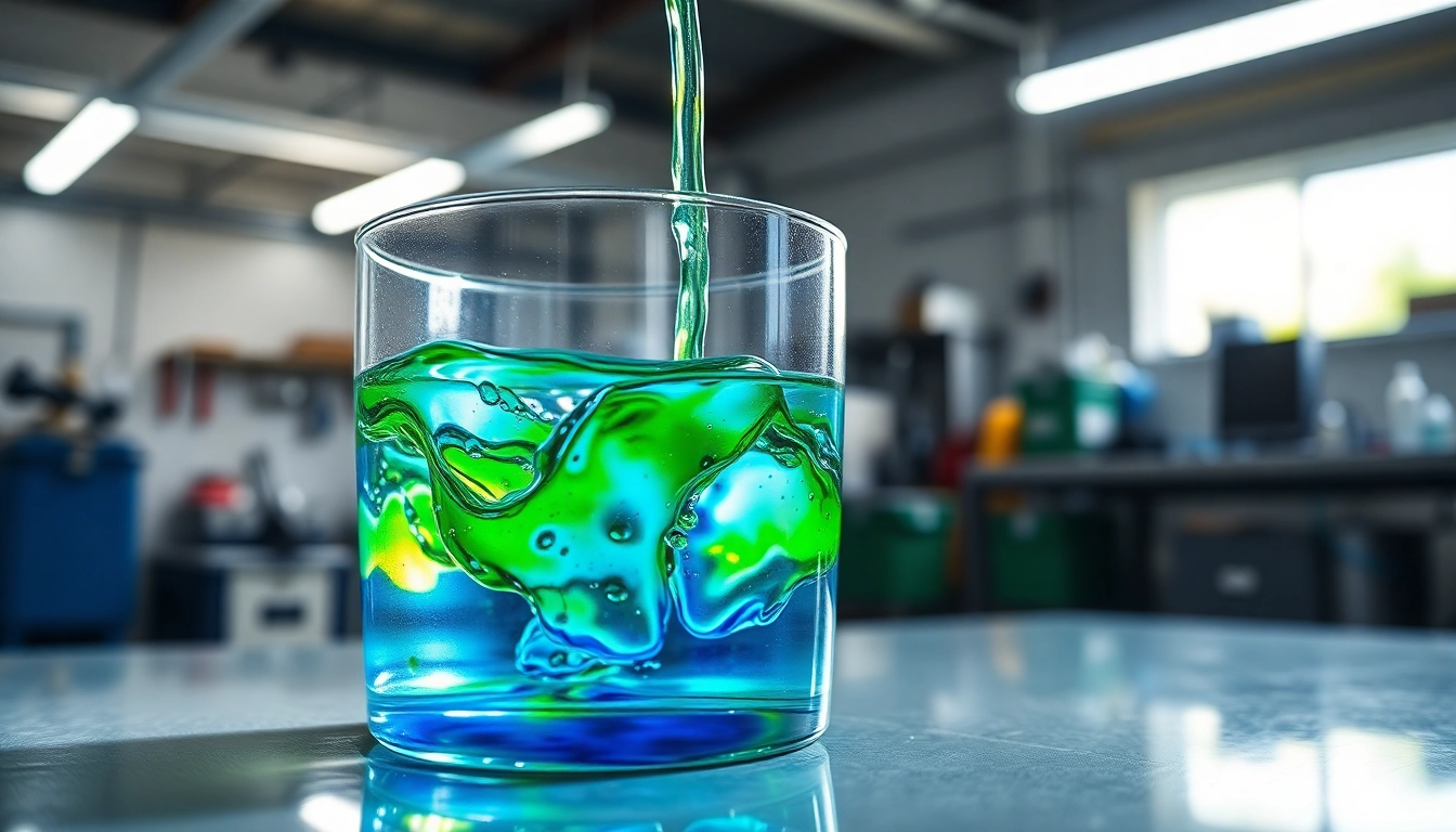 Showcasing infusion resins with a clear liquid display in a professional workshop.