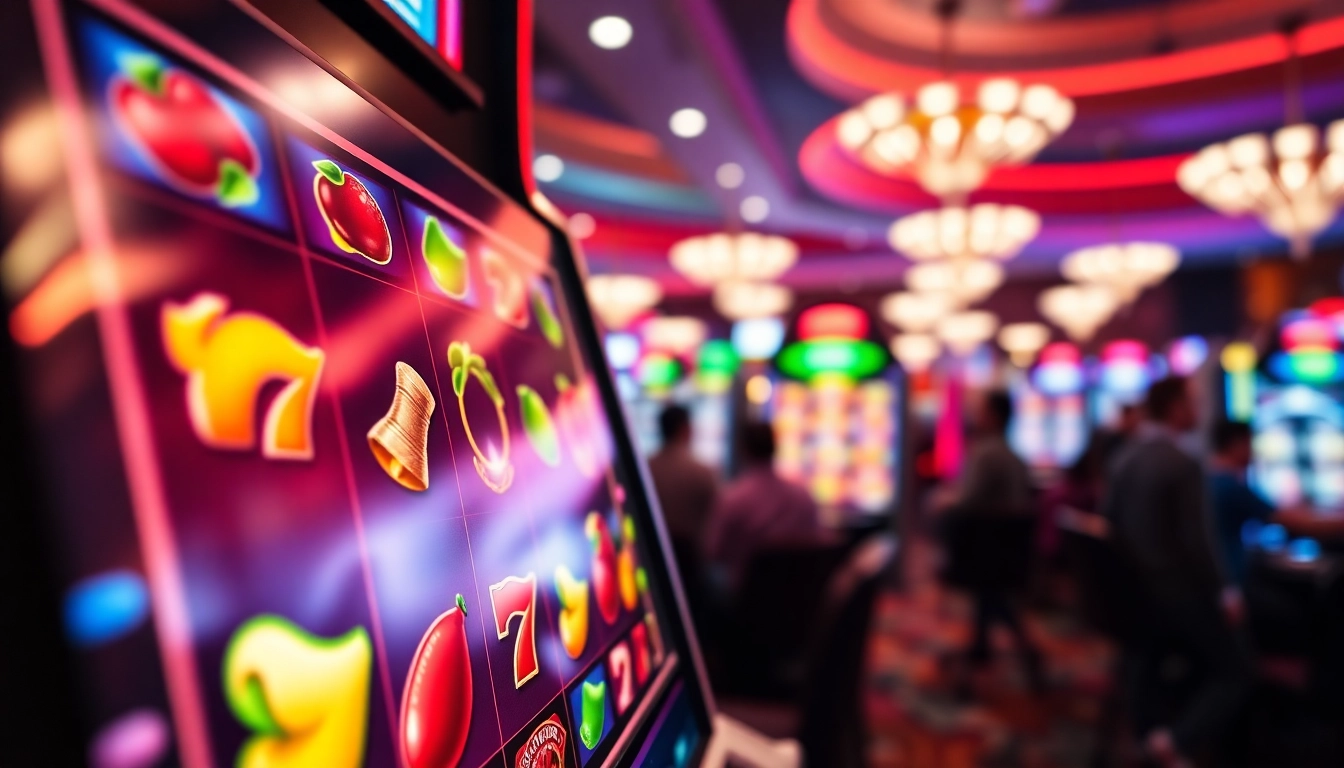 Menggambarkan permainan slot digital posjp33 slot dengan simbol berwarna-warni dan suasana kasino yang cerah.