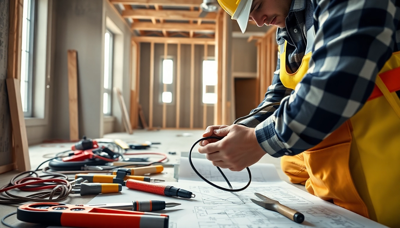 Electrician expertly wiring a residential project, showcasing tools and safety measures.