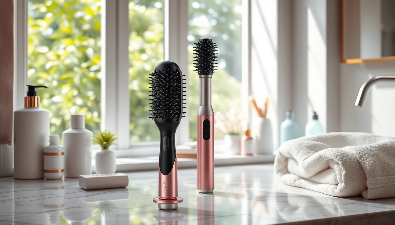 Styled Hair Dryer Brush 7 in 1 on a marble countertop surrounded by beauty products