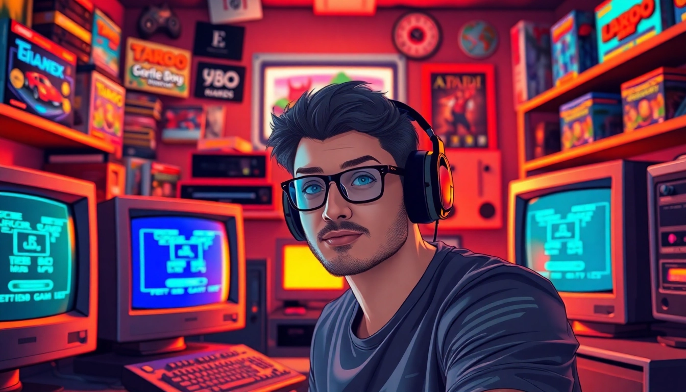 Download DOS games download with vibrant monitors displaying retro gaming content.