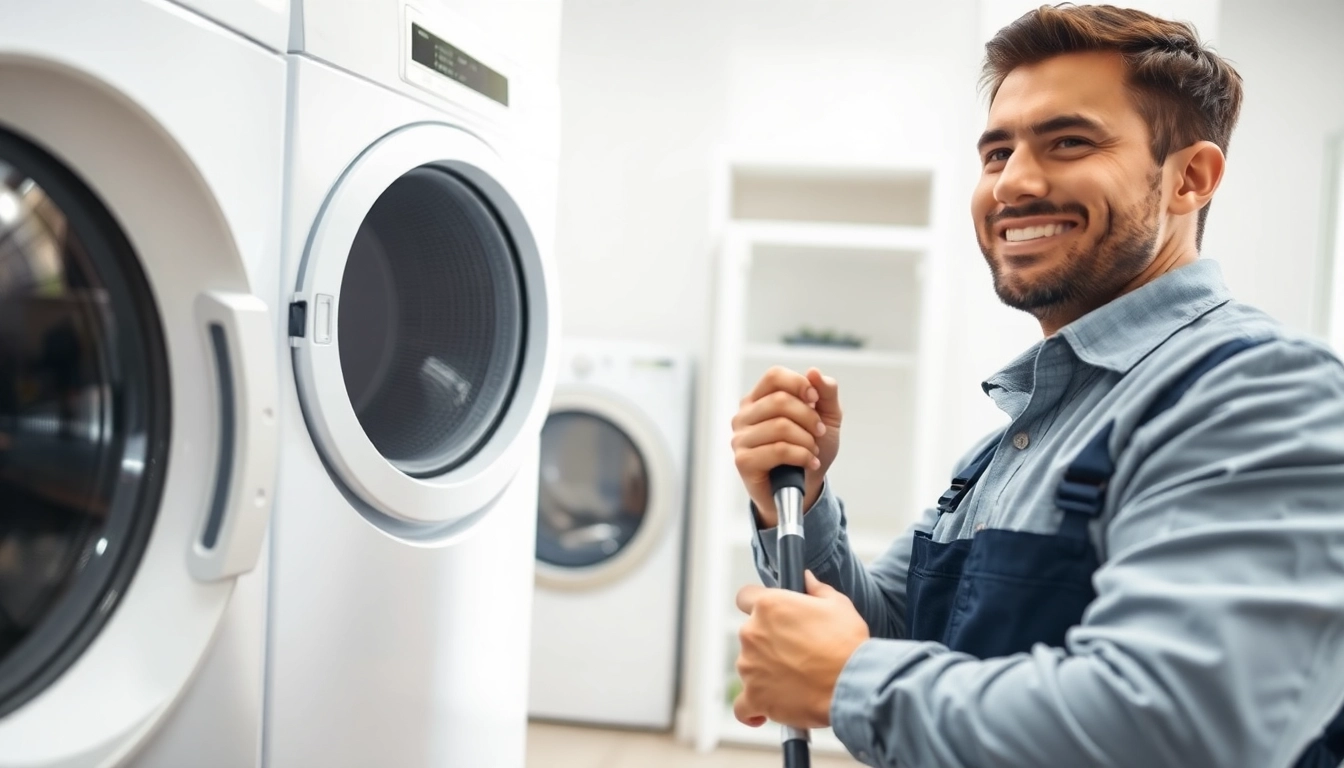 Technician providing service for dryer vent franchises near me in a clean laundry room.