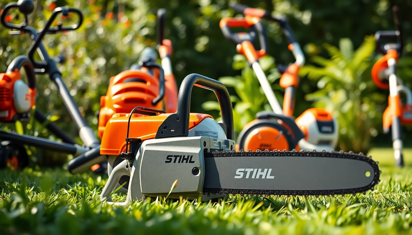 Stihl Kettensäge und Gartengeräte in einem hellen Garten arrangiert.
