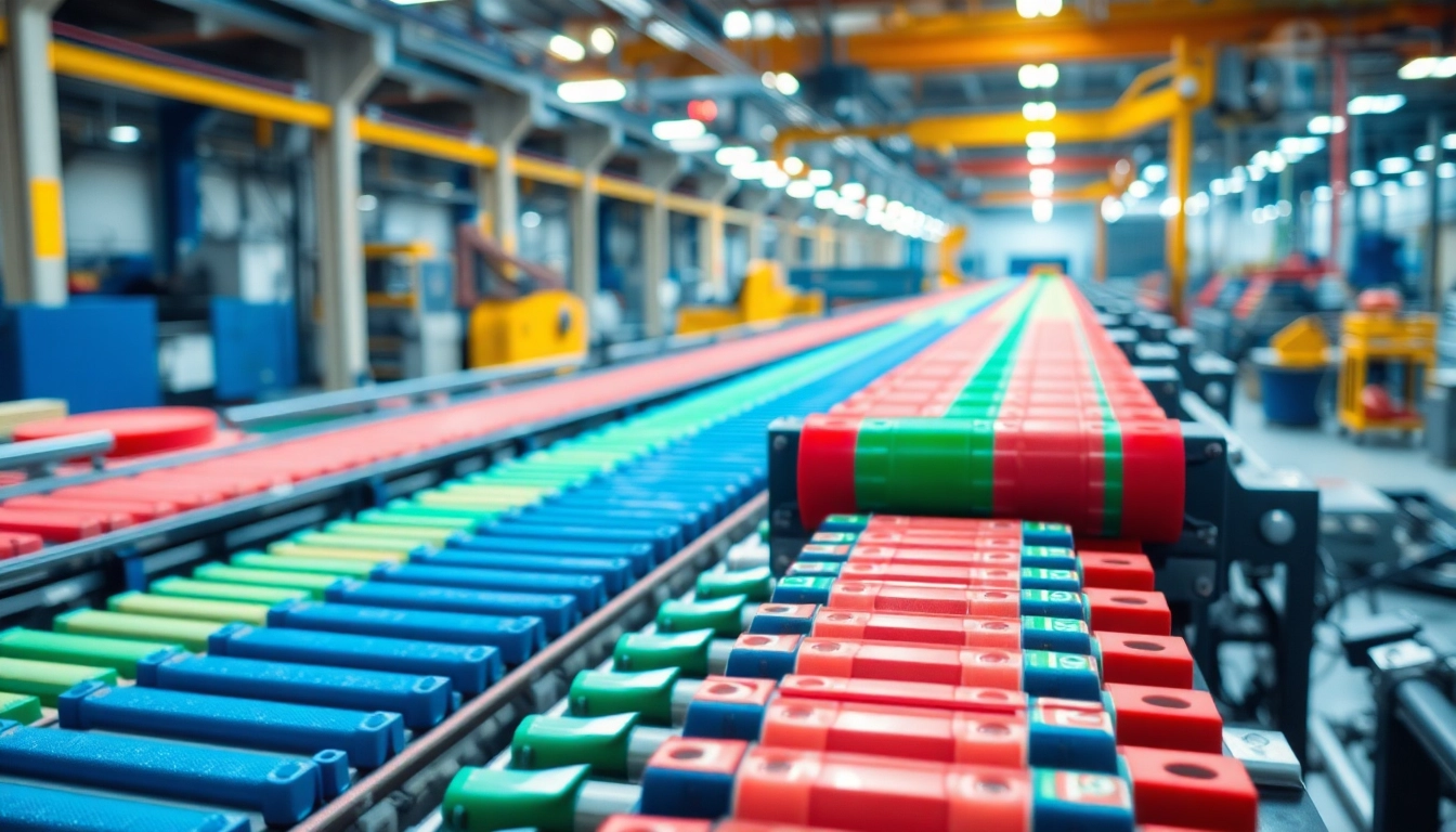 Showcasing modular belt manufacturers' diverse range of colorful products in a high-tech factory environment.