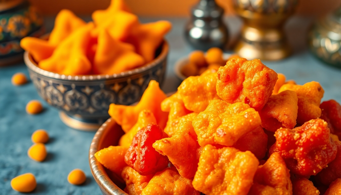 Enjoying crispy Bhujia snacks displayed in colorful bowls, highlighting their crunchy texture and appeal.