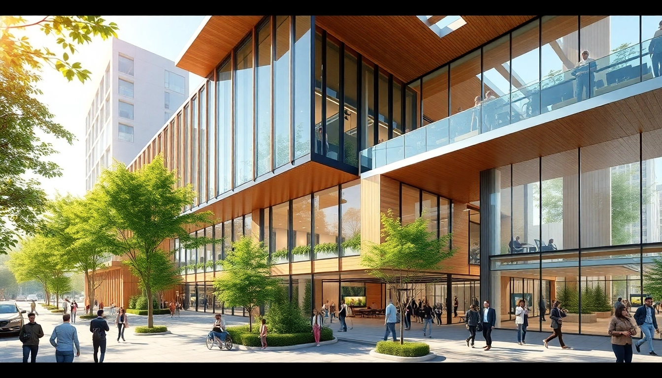 Architekturvisualisierung einer modernen Gebäudeentwurfs in einer urbanen Umgebung.