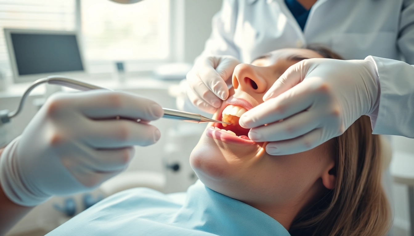 Patient receiving dental cleanings from a professional dentist in a bright clinic.
