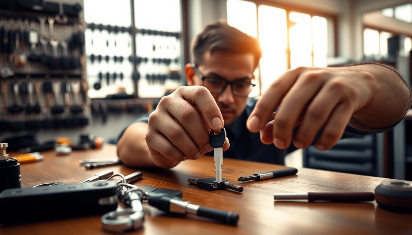 Creating replacement car keys with precision in a bustling automotive locksmith workshop.