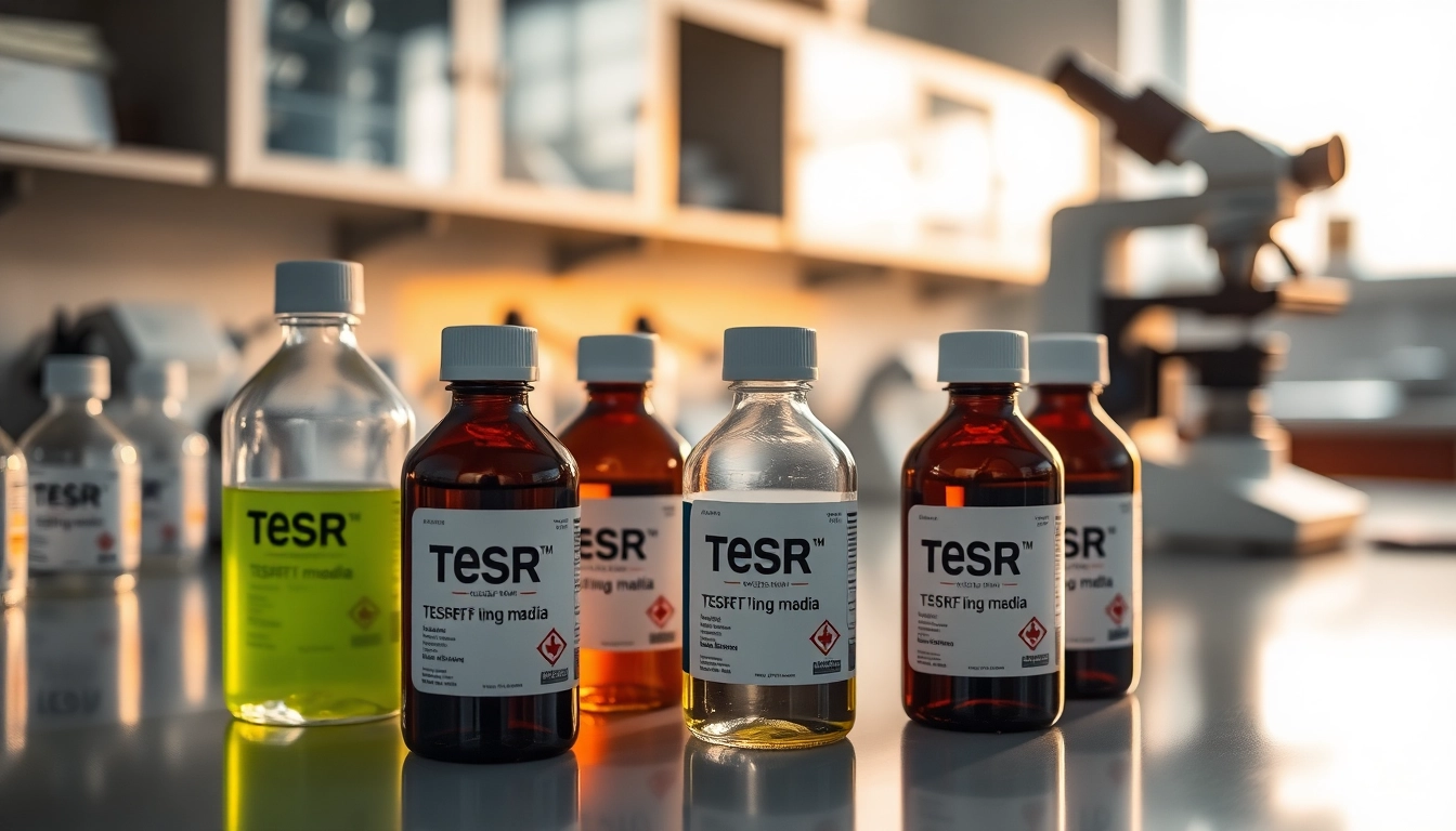 All check: Highlighting TeSR™ media bottles for pluripotent stem cell culture in a lab setting.