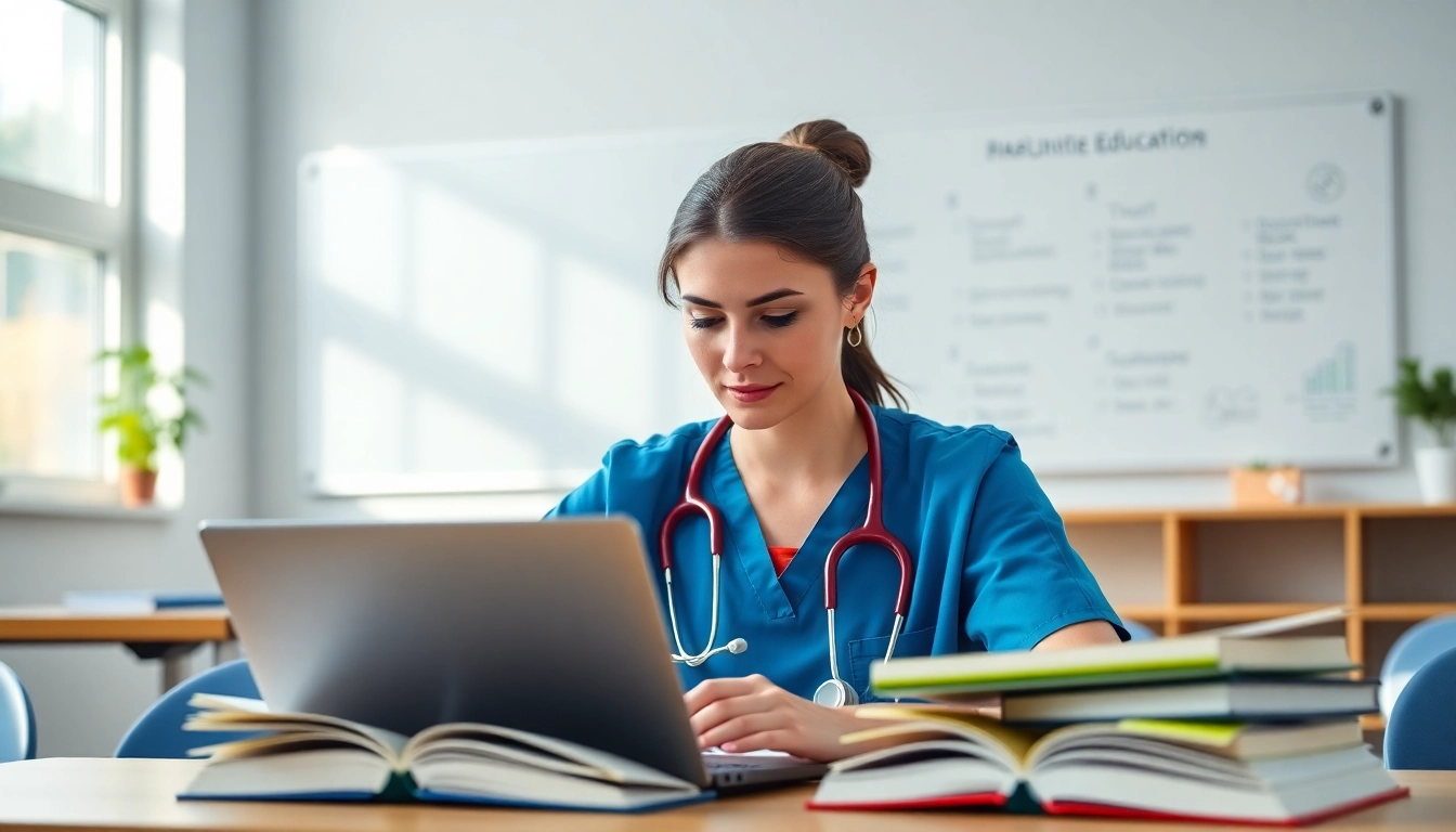 Nurse engaged in studying for RN CEUs, highlighting dedication in a modern education setting.