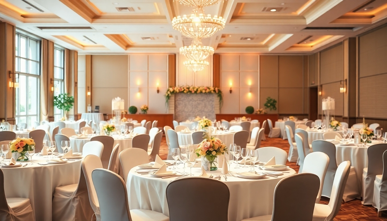 Interior view of a trenton event center showcasing elegant banquet arrangements with floral accents.