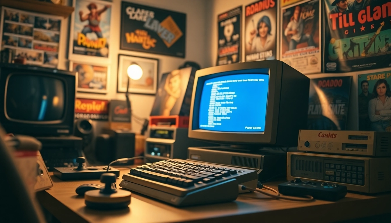 Engaging scene of DOS games online on a retro computer setup surrounded by classic game memorabilia.