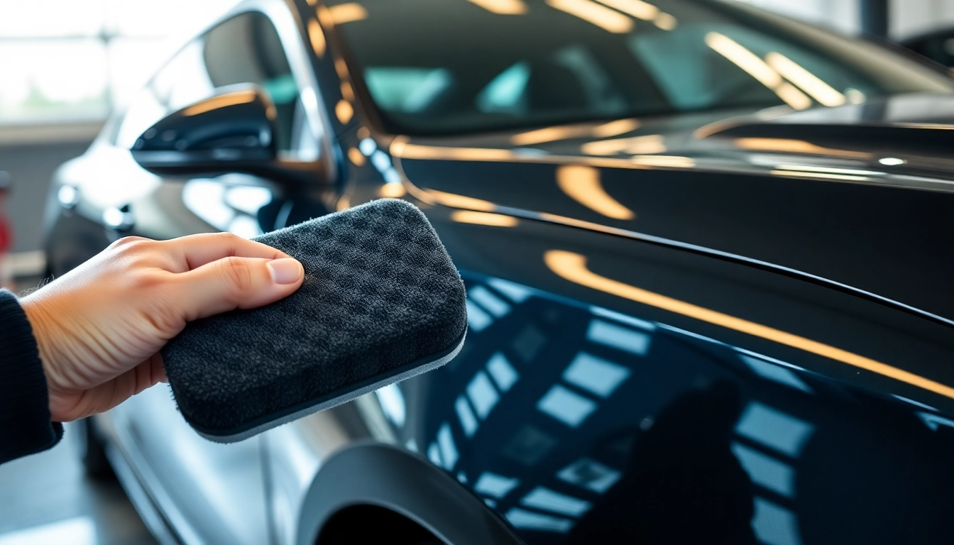 Applying auto ceramic coating on a glossy car surface with reflective highlights.