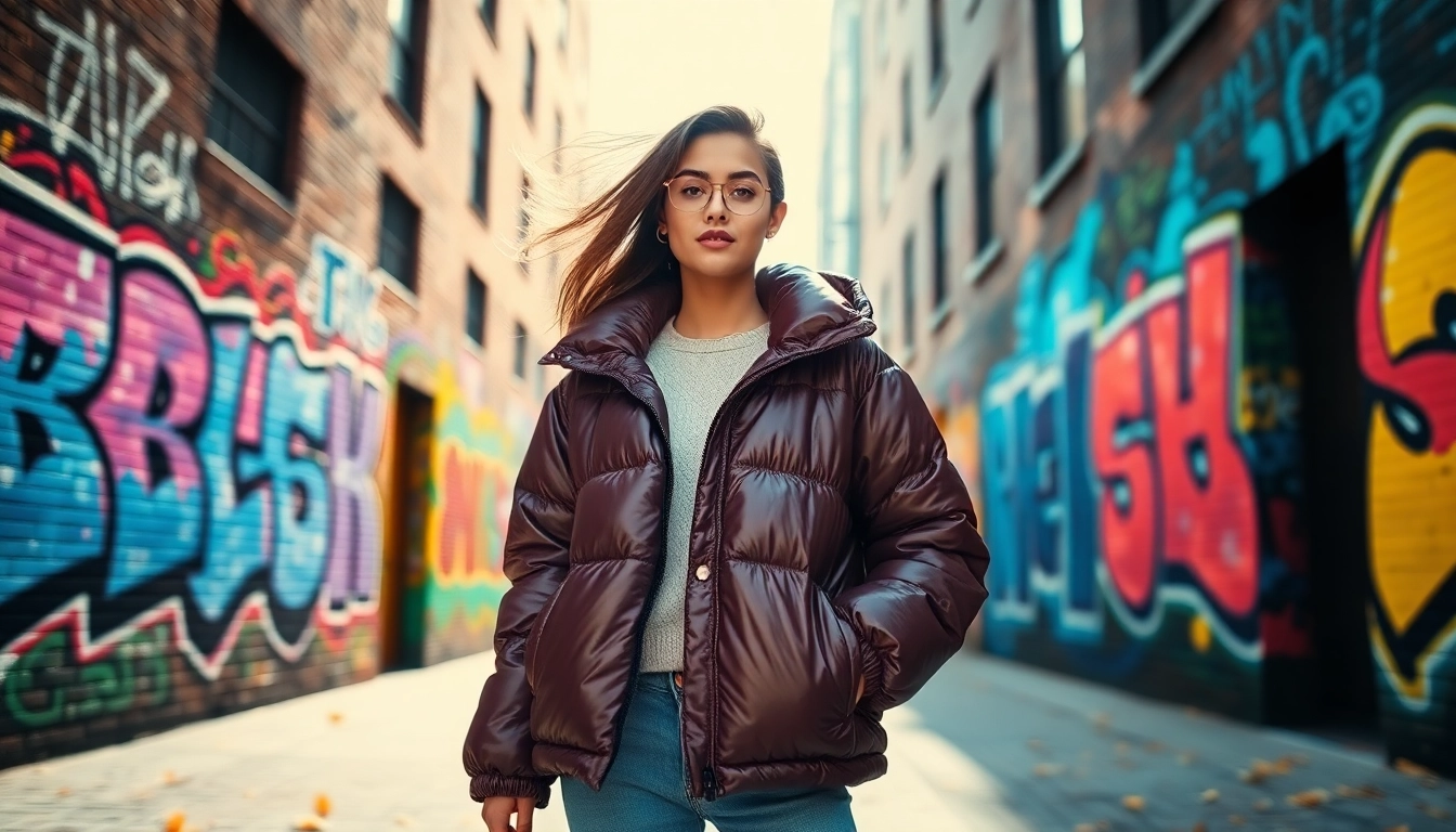A fashionable young woman wearing an Oversize Puffer Jacket in an urban setting, exuding style.