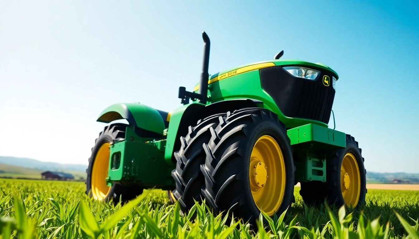 John Deere Traktor in einem saftig grünen Feld mit modernen Design und landwirtschaftlicher Umgebung